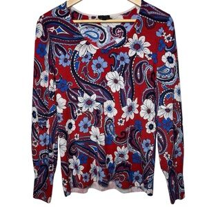 Talbots Audrey Sweater Large 100% Pure Merino Wool Long Sleeve Floral Red Blue